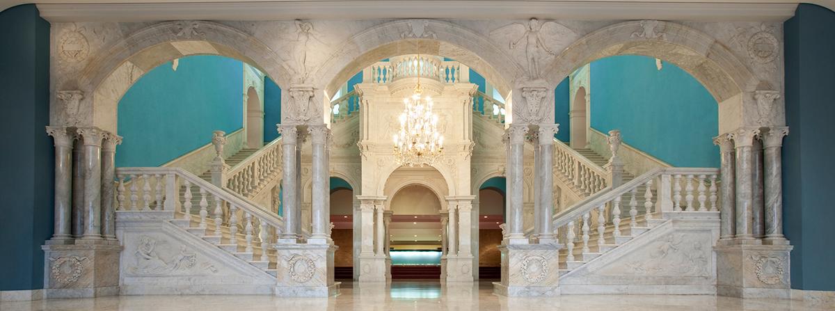 The historic marble staircase at Jamshed Bhabha Theatre